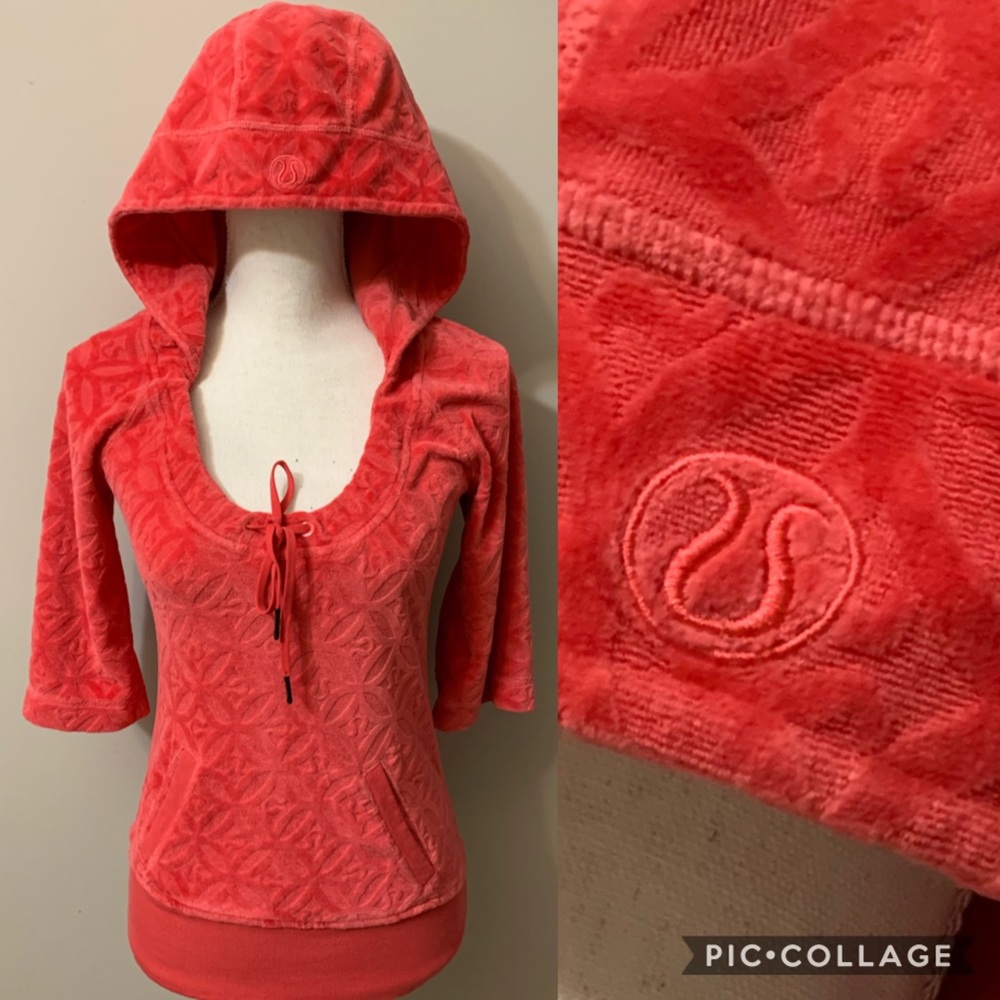 Vtg Lululemon red velvet burnout terrycloth 3/4 sleeve hooded top / sz S